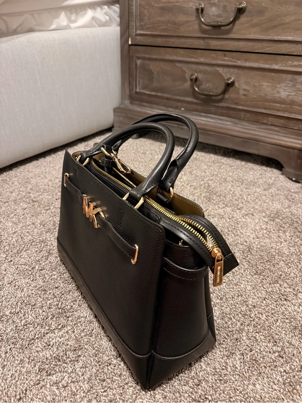 Michael Kors Black Leather Satchel with Gold MK Accent